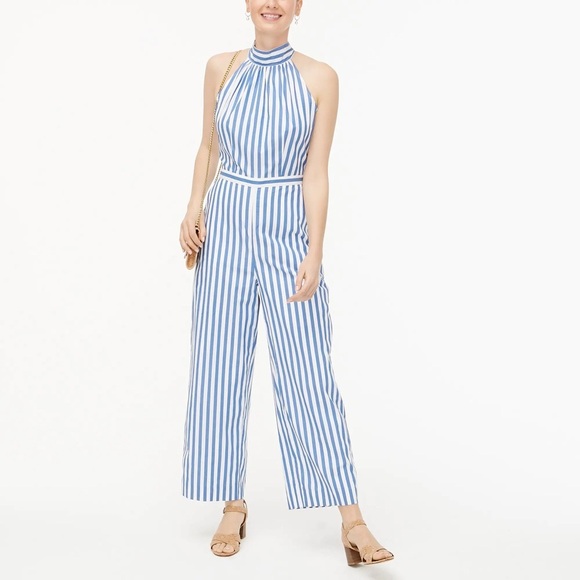 J. Crew Factory Pants - J.Crew Factory Blue Striped Sleeveless Tie back Halter Back Zip Jumpsuit…